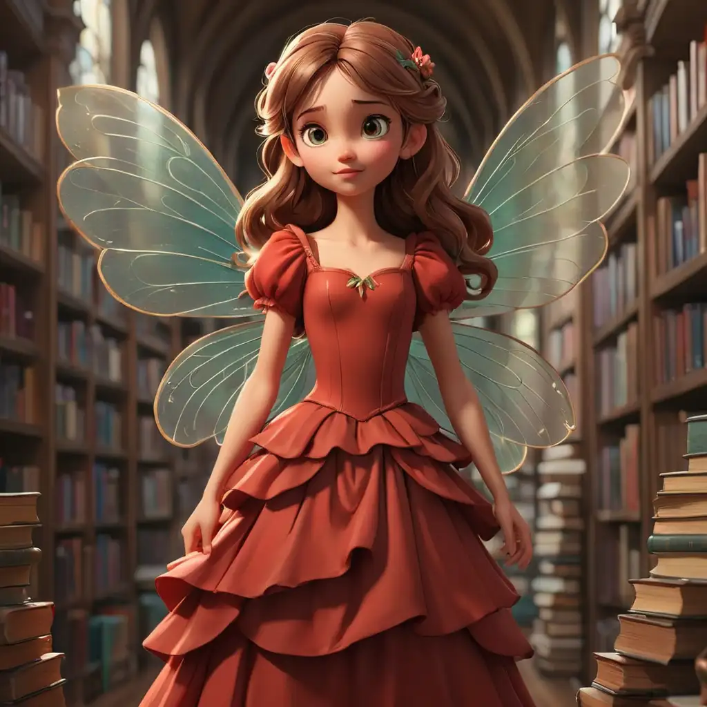 Beautiful Girl Fairy with Books in Library