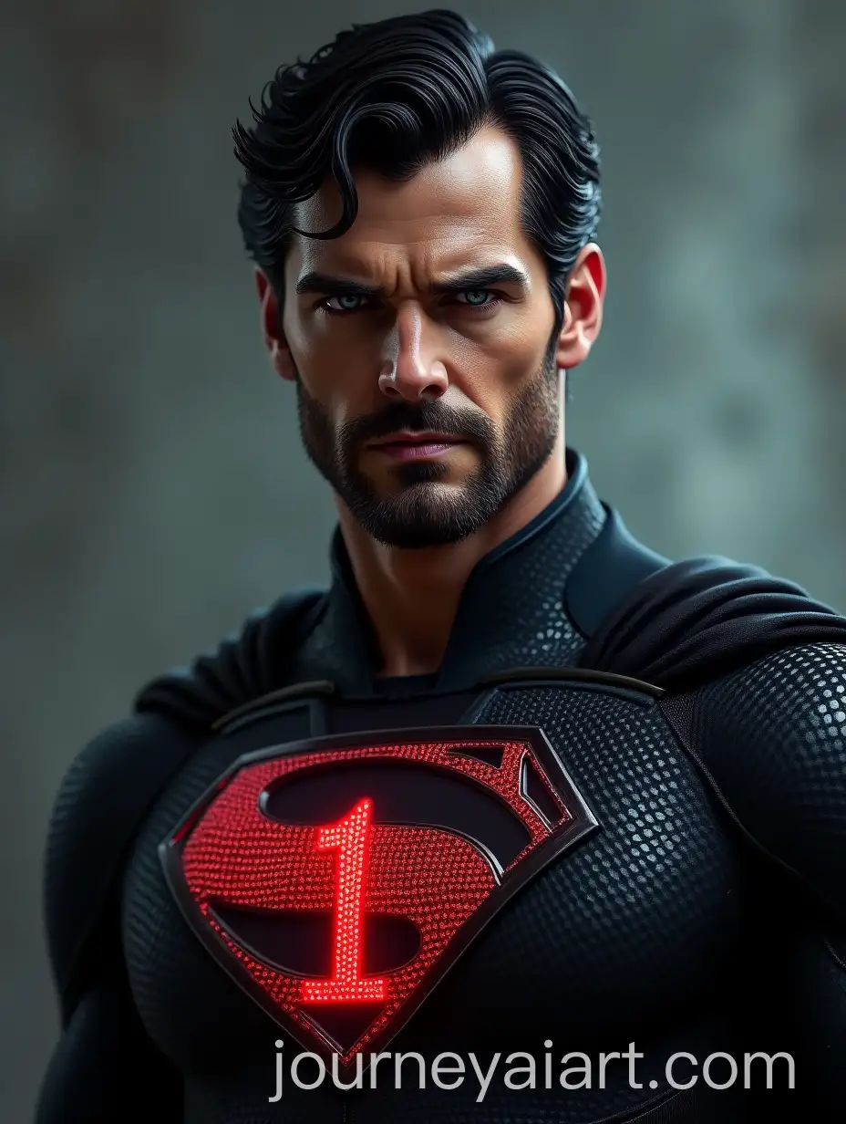 Rugged-Superhero-with-Black-Suit-and-Glowing-Red-Emblem