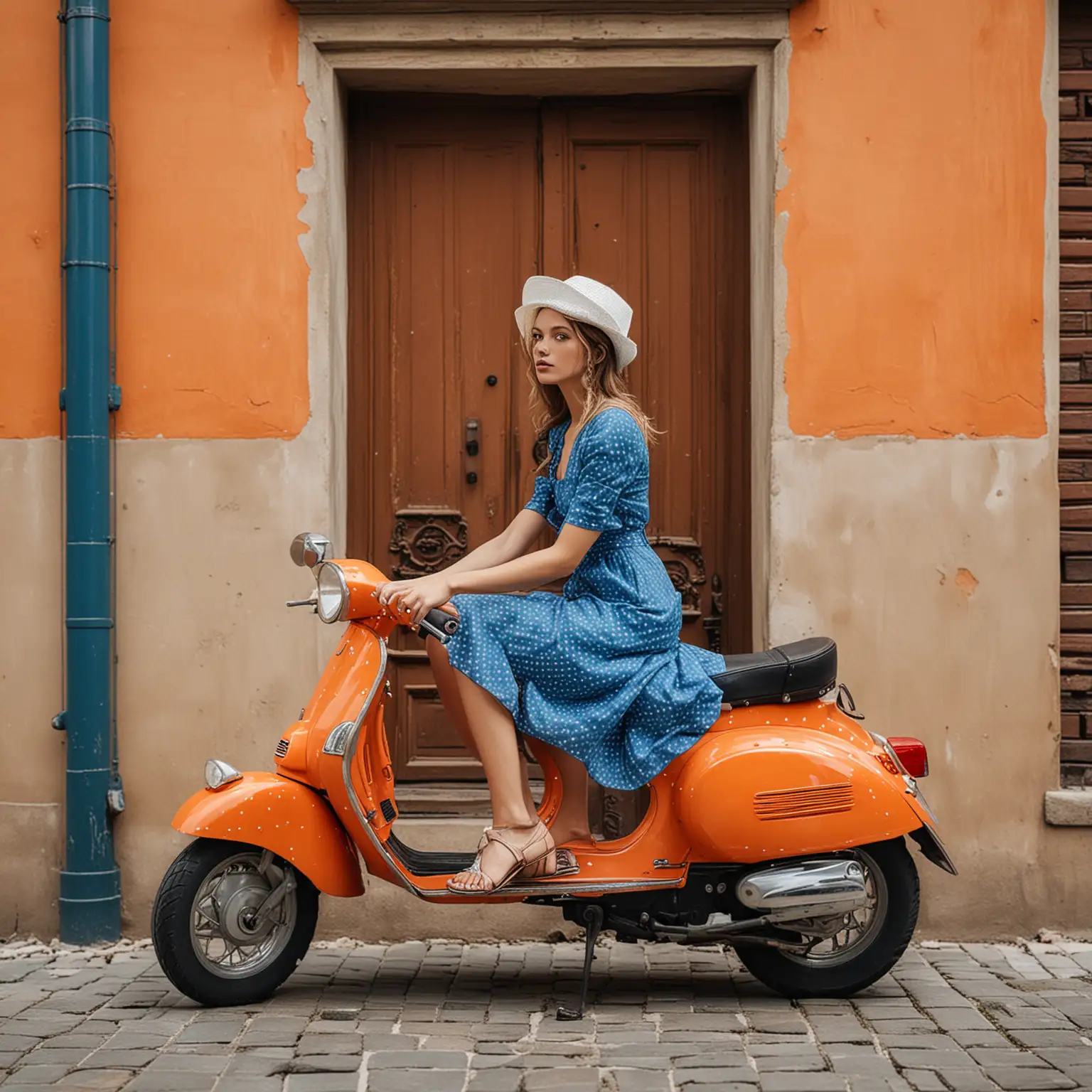 A photo of a young woman in a blue polka dot dress sits on an orange Vespa scooter. She is wearing a white hat and is looking to the right. The scooter is parked in front of a bright orange wall with a white stripe. The image captures a sense of carefree summer fun. The woman's pose and the bright colors of the scooter and wall create a sense of energy and vibrancy. The image is a classic example of Italian style and design. Fashion photography, outdoor photography, vogue magazine cover, award-winning photo, intricate, elaborate, 8K, UHD, HDR.