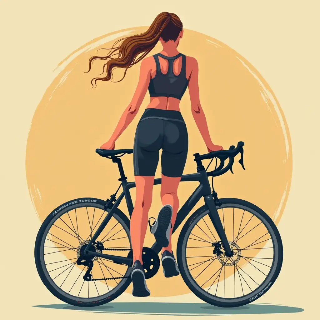 vector illustration of female cyclist back view, art digital