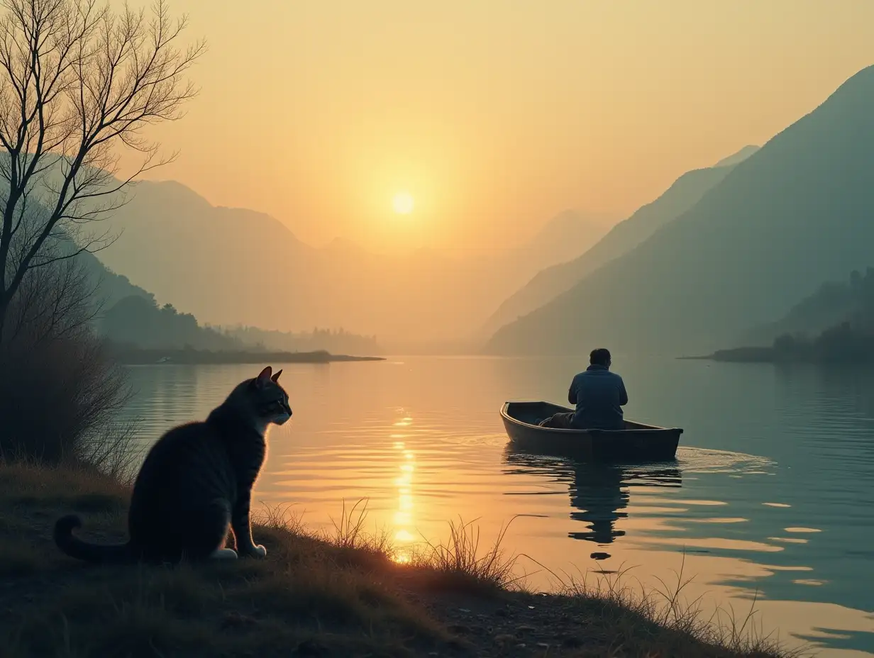 A day when the sun is rising, with hazy mountains in the distance, a big river winding away, a small boat on the river, the back of a fisherman, and a cat crouching next to it