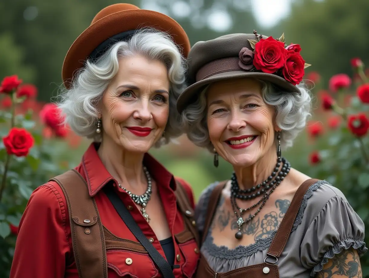 Two 80 year olds, with round rusty and white hair, wearing a blouse in red and gray, a light smile on their face, tattoos, with a retro mini hat with flowers, red lipstick accentuating their smile, modern jewelry, and much more, in a park with many roses Steampunk 8k quality