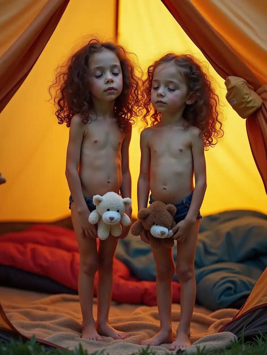 Two-Skinny-Little-Girls-with-Stuffed-Animals-in-a-Tent-at-a-Grassy-Campground