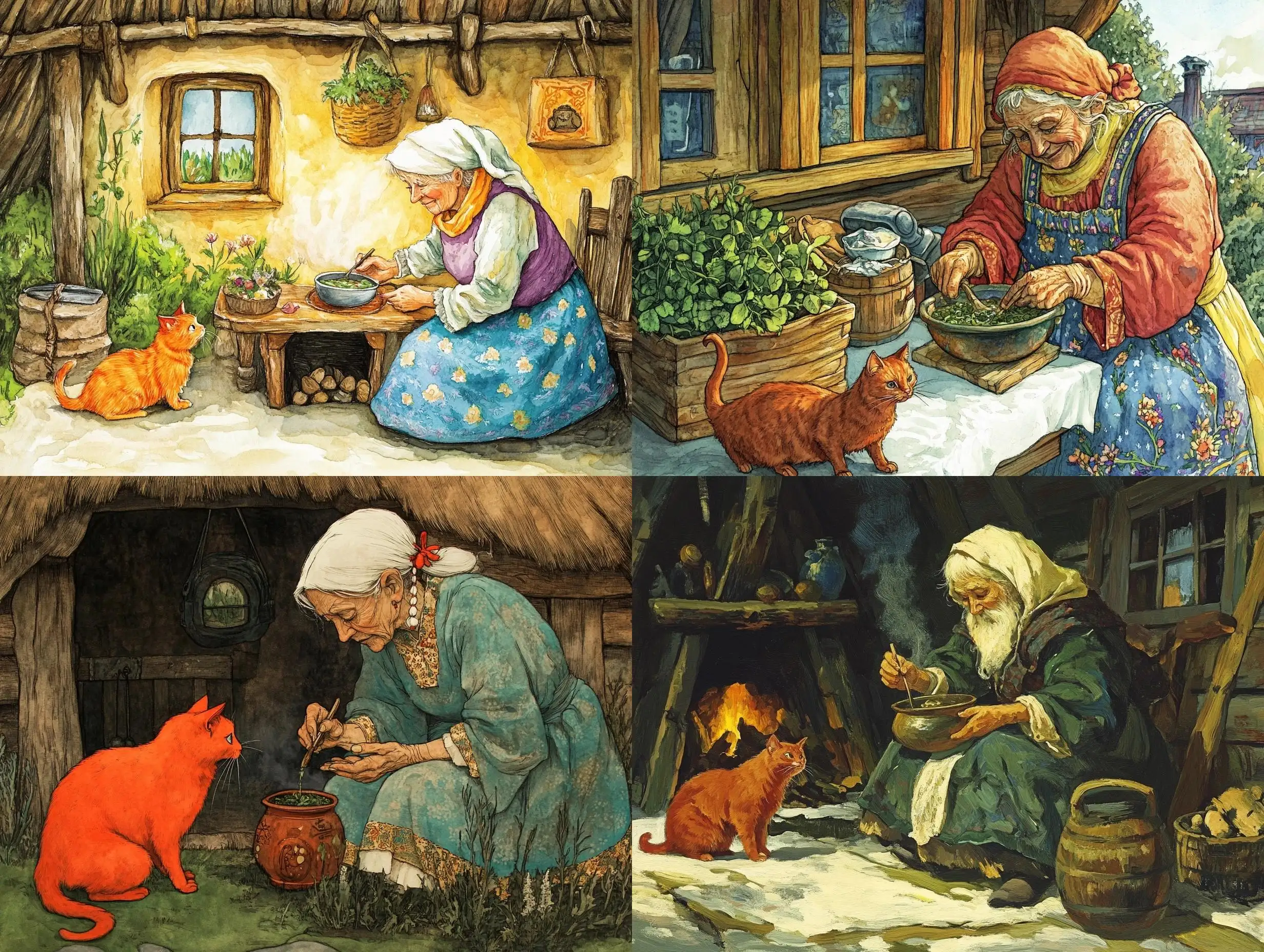 Illustration-of-Old-Wise-Woman-Making-Healing-Broth-with-Red-Cat-in-Her-Hut