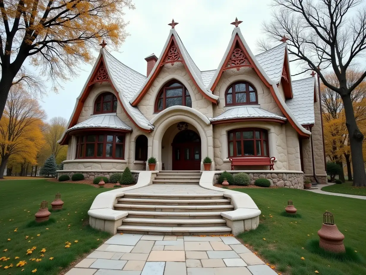 crooked house in the prairie -with bronze statues with red ornamentation in the form of triangular patterns, white roof, large windows with glass, curved, rough window shapes, winding grand entrance stairs made of marble a complex curved roof with dike, lanterns, bench apple tree 4K resolution colorful superwide-angle shots