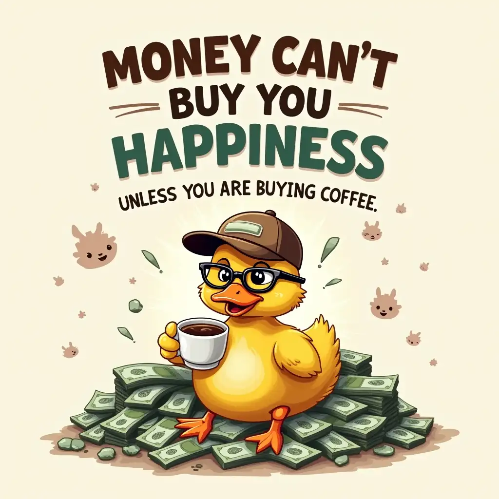 Oil painting ART. Create a humorous graphic featuring a cute duck wearing glasses and a baseball cap, holding a cup of coffee. The duck should be surrounded by piles of money. The text 'MONEY CAN'T BUY YOU HAPPINESS UNLESS YOU ARE BUYING COFFEE' should be prominently displayed in bold, contrasting fonts, with a playful, handwritten style. The background should be a light, neutral color with a subtle texture. Consider adding other humorous elements, such as speech bubbles or other animals, to enhance the visual appeal. The overall style should be lighthearted and fun, with a touch of irony.