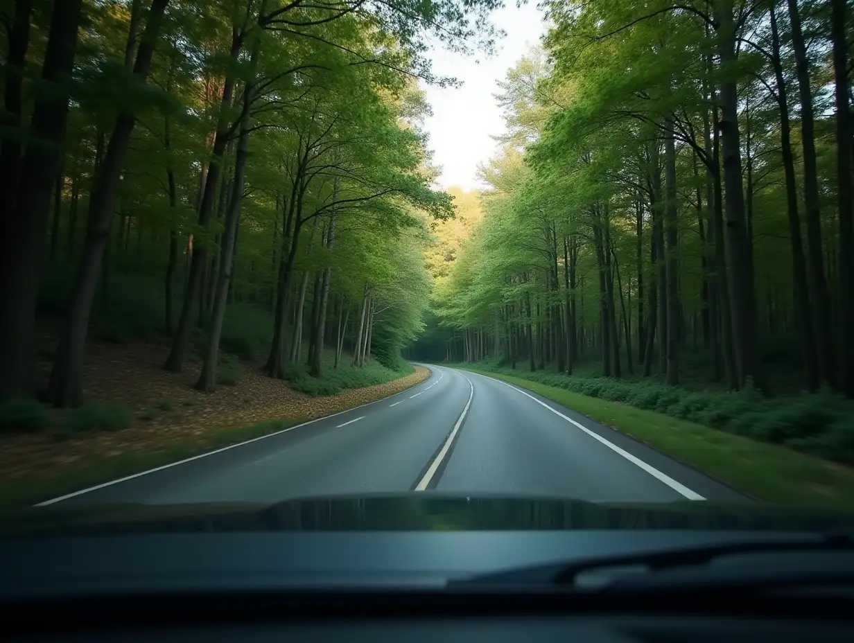 The view shows a beautiful forest road from a first-person perspective. The car turns the road,