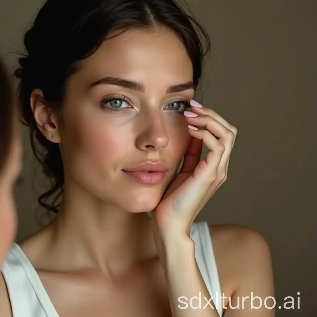 Young-Woman-Adjusting-Contact-Lens-in-Mirror-with-Deep-Neckline