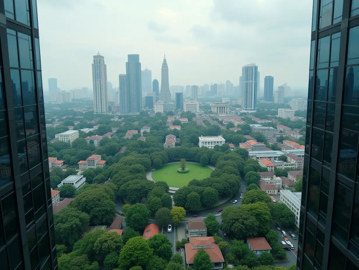 A view from the top of a very tall building, inserted into an urban, but very natural context.Premium Style Picture 8k