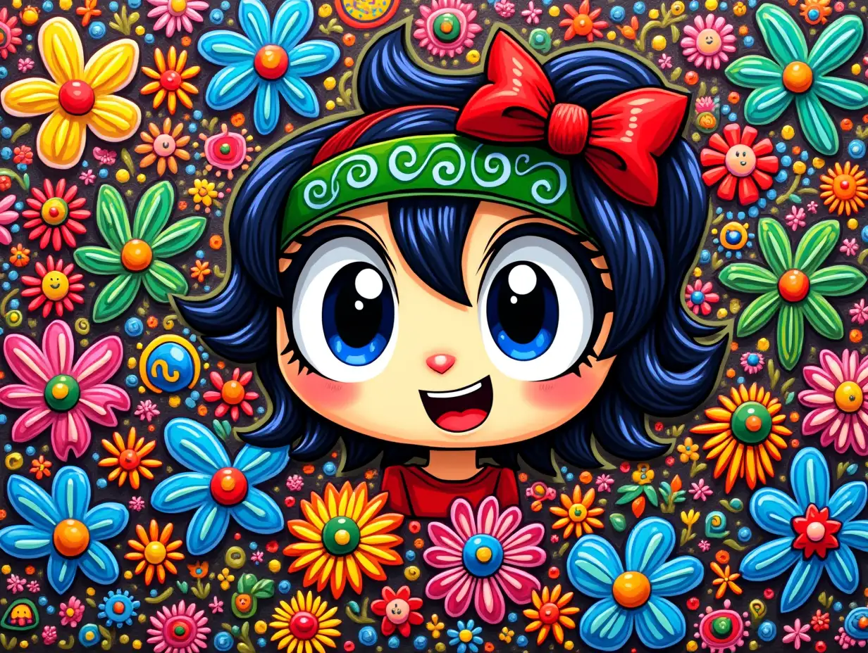 This image features a vibrant and colorful artwork with a central character that resembles a stylized, cartoonish face. The character has large, expressive eyes with blue irises and red eyelids, and a wide, red mouth. The face is adorned with a green headband and a red bow. Surrounding the face are various elements including flowers, swirls, and other decorative patterns in a multitude of colors. The background is filled with a chaotic yet harmonious blend of shapes, colors, and patterns, creating a lively and dynamic visual effect. The style is reminiscent of pop art and graffiti, with a focus on bold colors and playful imagery.