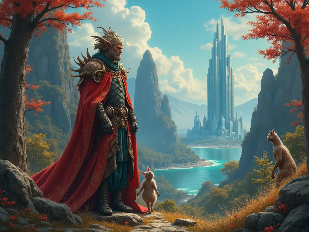 Ultradetailed hyperrealistic portrait  Multiverse time traveler with various strange beings with futuristic glass towers The elaborately detailed, colorful forested background, with mountains and sea in the distance