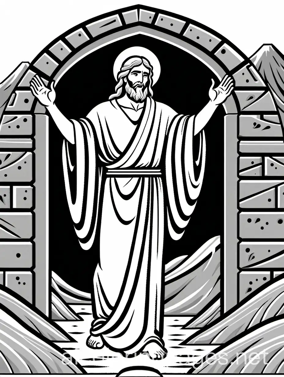 Lazarus coming out of the tomb alive after being dead for four days, Coloring Page, black and white, line art, white background, Simplicity, Ample White Space. The background of the coloring page is plain white to make it easy for young children to color within the lines. The outlines of all the subjects are easy to distinguish, making it simple for kids to color without too much difficulty