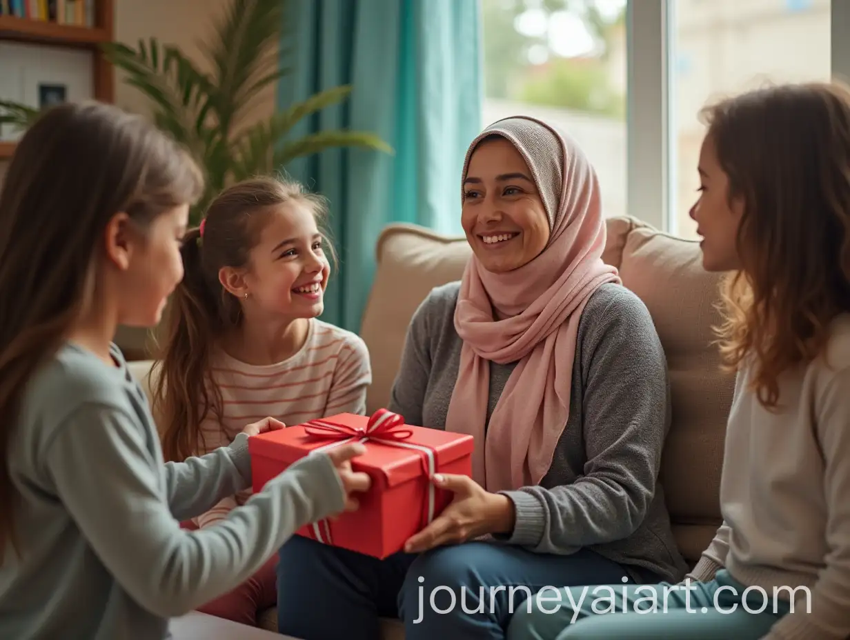 Middle-Eastern-Mother-Receiving-Mothers-Day-Gift-from-Children-in-a-Colorful-Living-Room