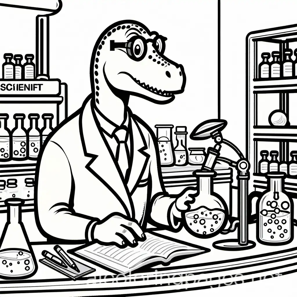 coloring page, dinosaur scientist. the dinosaur is in a scientific lab., Coloring Page, black and white, line art, white background, Simplicity, Ample White Space. The background of the coloring page is plain white to make it easy for young children to color within the lines. The outlines of all the subjects are easy to distinguish, making it simple for kids to color without too much difficulty