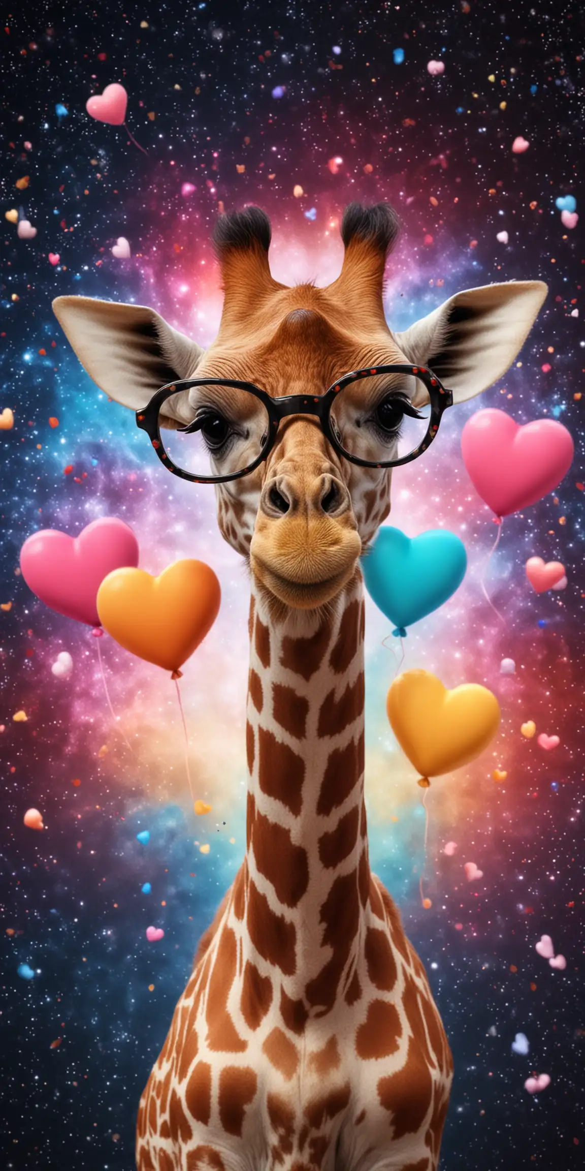 Baby Giraffe with Glasses Surrounded by Love Hearts in Space