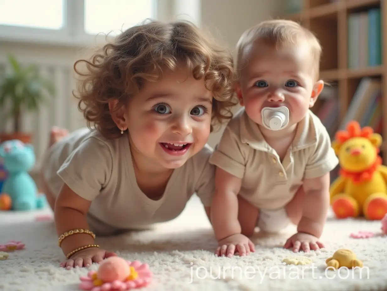 Persian-School-Girl-Playfully-Chasing-Crying-Baby-in-Pink-Themed-Room