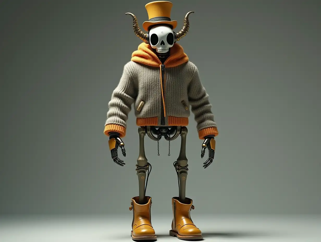 Create a high-resolution, realistic image of a robot with a skeleton body, golden leather boots and -head wearing a sweater, top hat and horn in 4K resolution