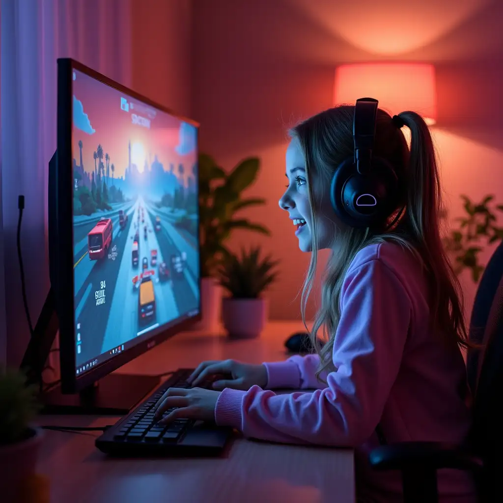 stylish young girl student happy playing on the game portal in a computer game in her room in Sochi, on the plasma monitor of a laptop game portal, room of a teenage girl student