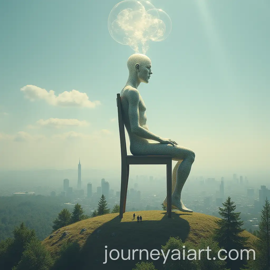 Transparent-Shimmering-Anthropoid-Sitting-on-a-Tall-Chair-Overlooking-Small-Cities