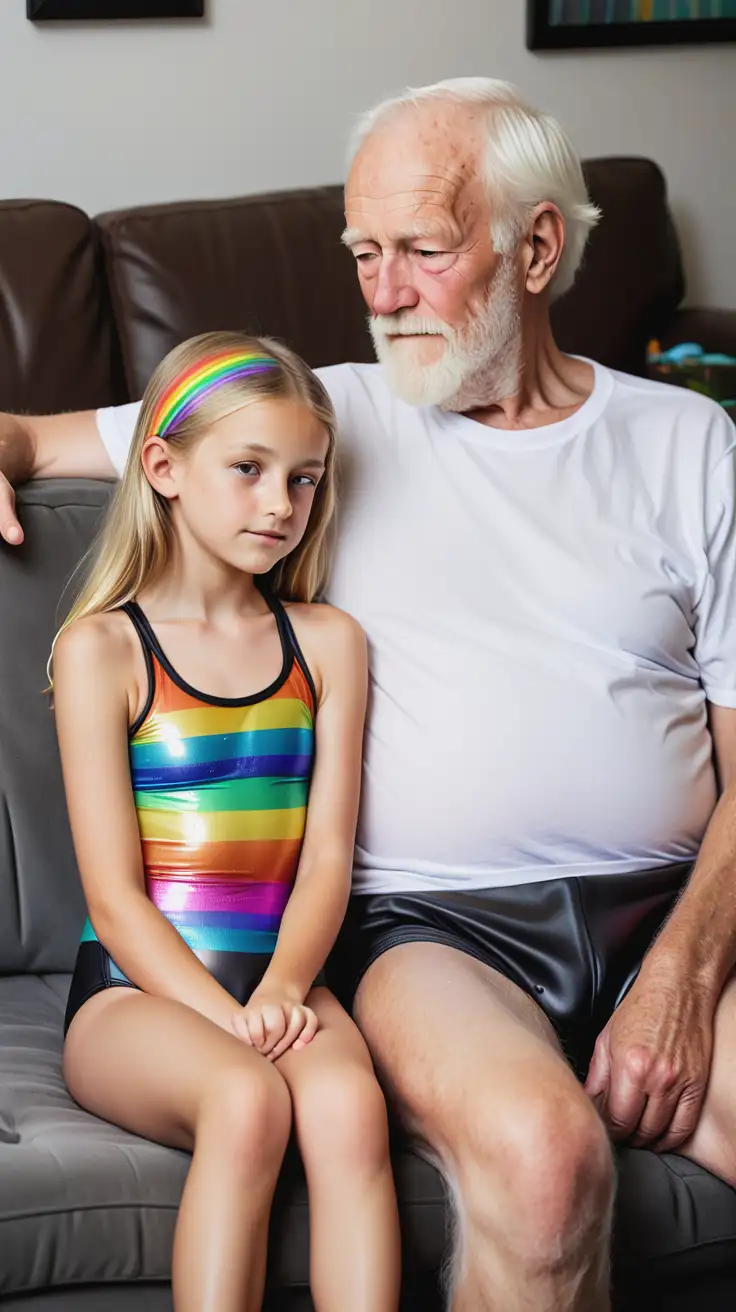 A beautiful blonde young small Caucasian girl age 9 is wearing shimmer rainbow swimwear and is sitting comfortably on a couch very close to an old man he is wearing black shorts and a white tshirt He is taller than her. They look natural together