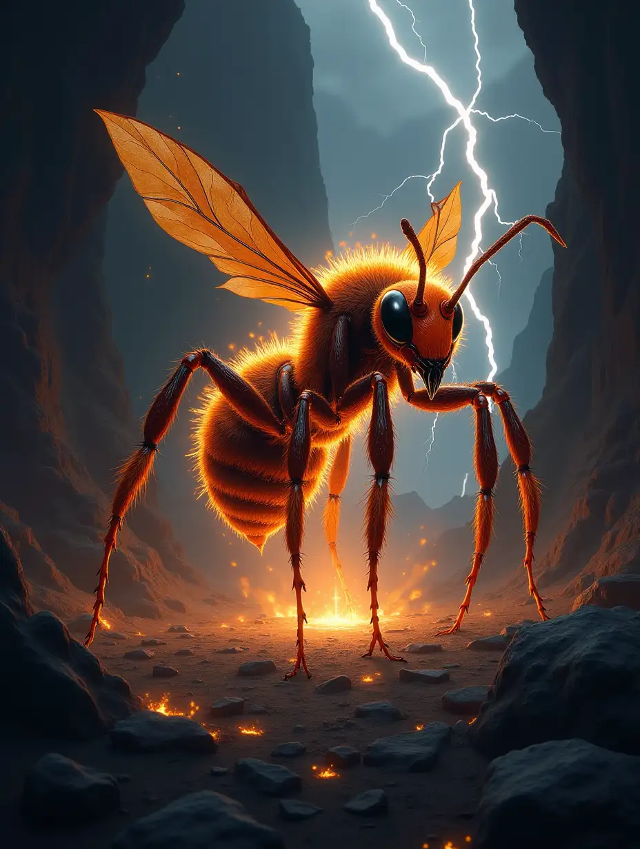 dangerous fusion big ant and big bee with dangerous lightning effect and dark background, caves and large mountains