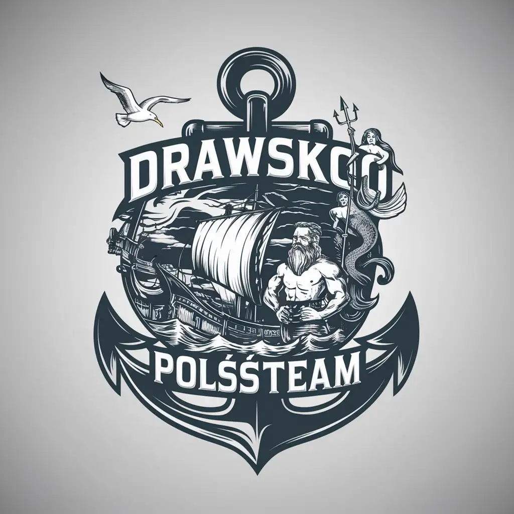 a logo design,with the text "Drawsko Polsteam ", main symbol:Sea , anchor , seagull , storm , mermaid , beard , sailor,complex,be used in ship industry,clear background