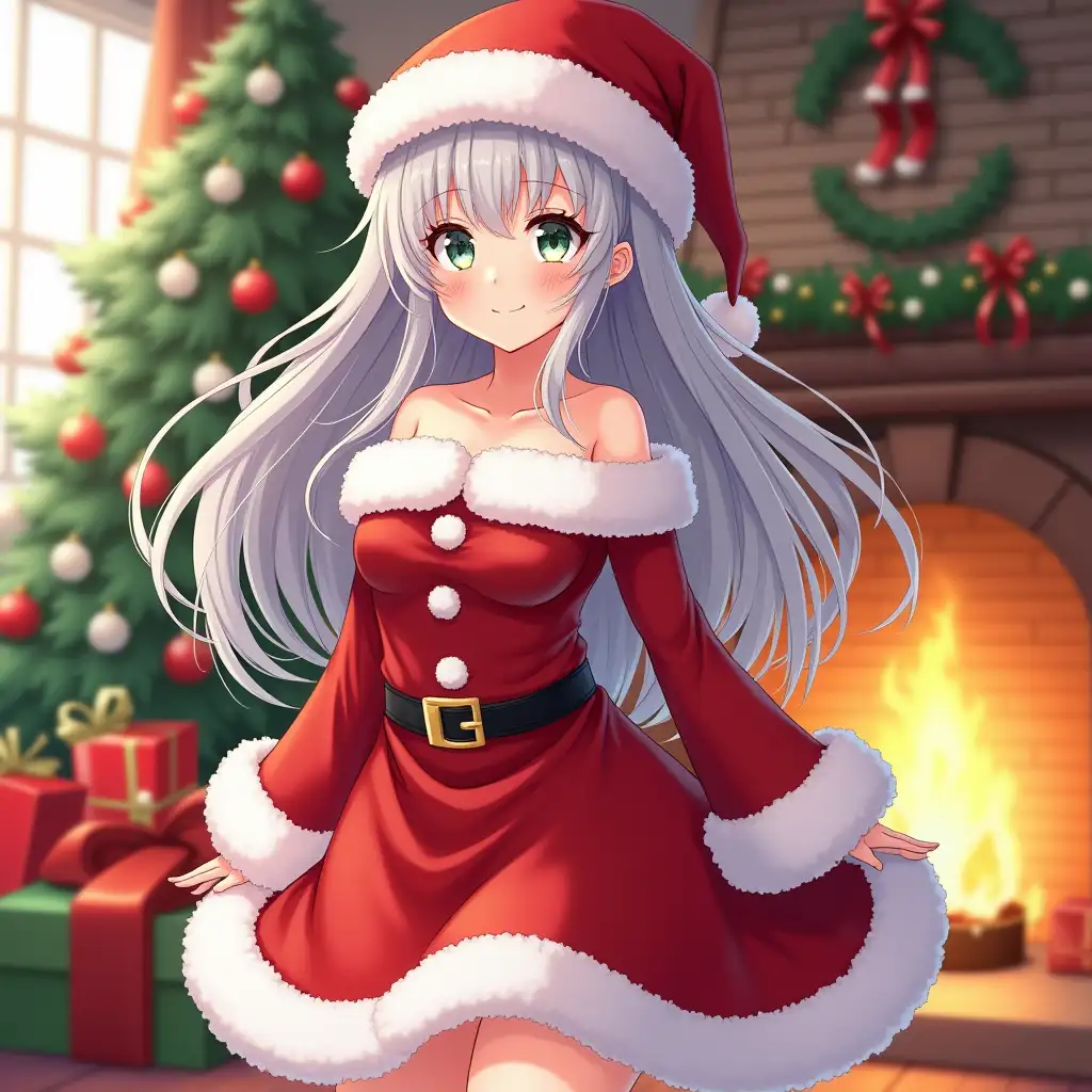 Festive-Anime-Girl-in-Santa-Outfit-with-Christmas-Tree-and-Fireplace