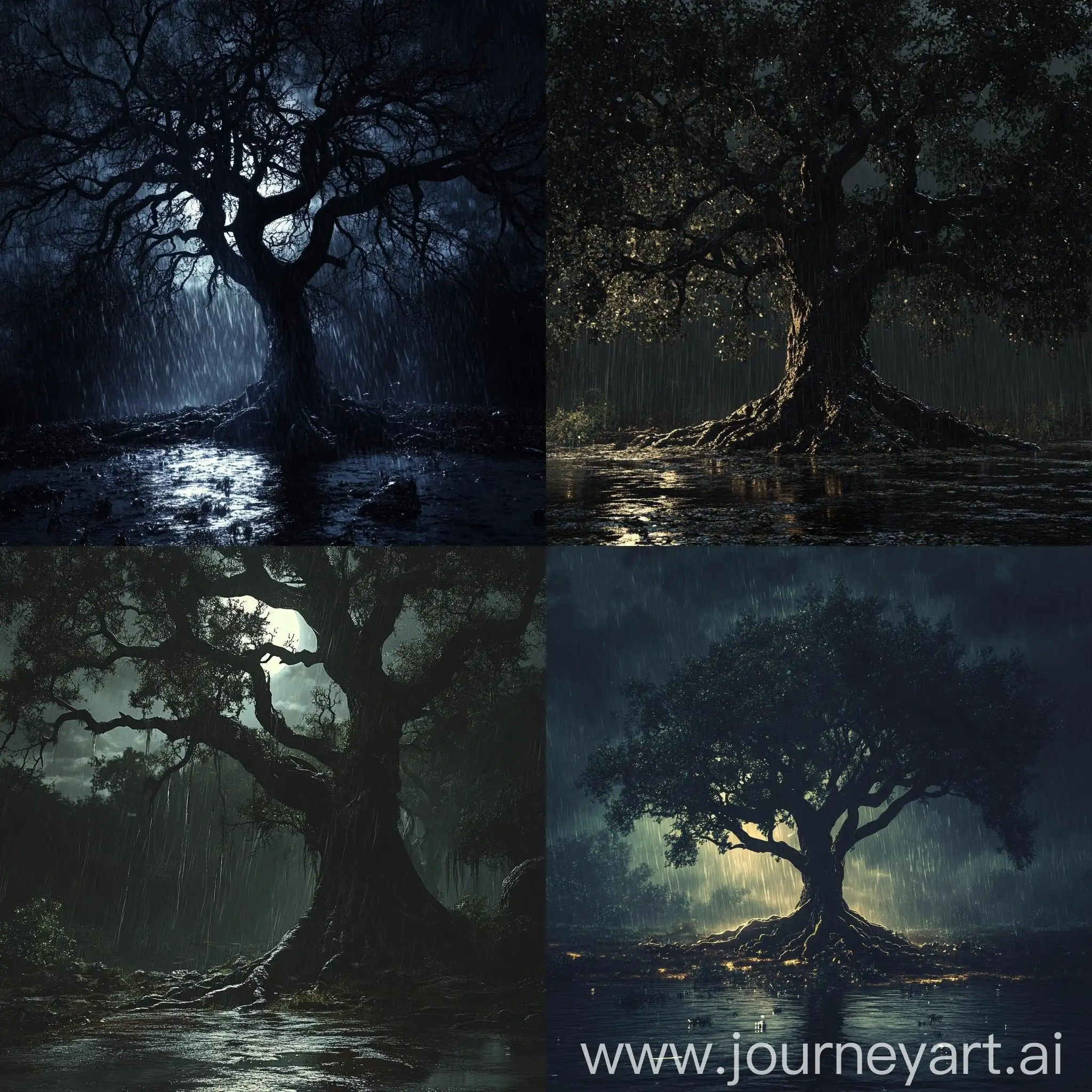 Mysterious-Gloomy-Night-with-Ancient-Tree-and-Rain