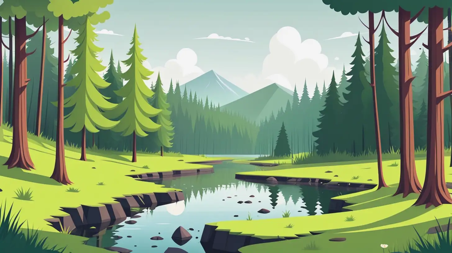 Kawaii style, a cute, adorable, simple vector illustration of a landscape, no shadows, no gradients, no gray shading, no outlines, flat color, clean lines, and sharp edges. High-resolution, high-detail clip art, friendly and colorful environment, cartoon style, flat design, bright and vibrant.  Europe A peaceful boreal forest with tall coniferous trees, mossy ground, and patches of grass, often near a calm river or marshland.