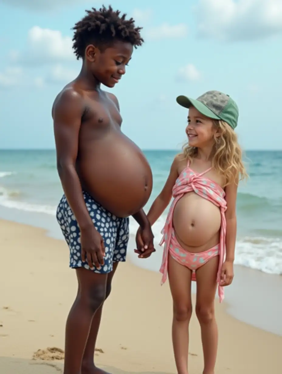 Young-Surfer-Boy-with-Inflated-Belly-on-the-Beach-with-Younger-Sister