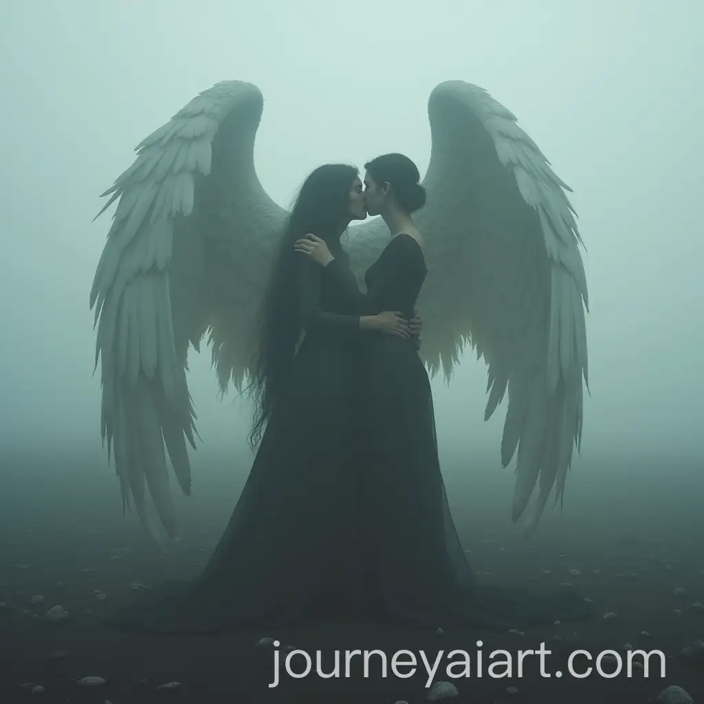 The-Angel-of-Death-Kissing-a-Woman-in-a-Foggy-Barren-Landscape