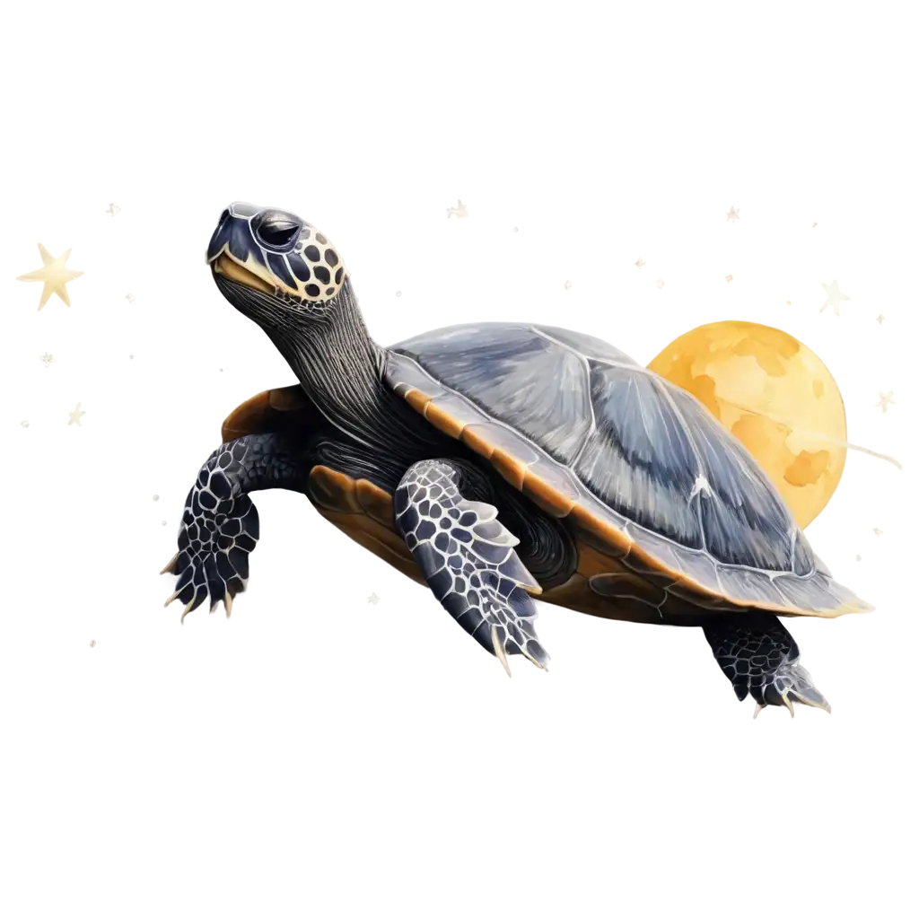 Zen Turtle in Space: A serene turtle meditating on a moon or asteroid, with a starry sky and swirling galaxies around it, symbolizing peace and tranquility in the vastness of space.