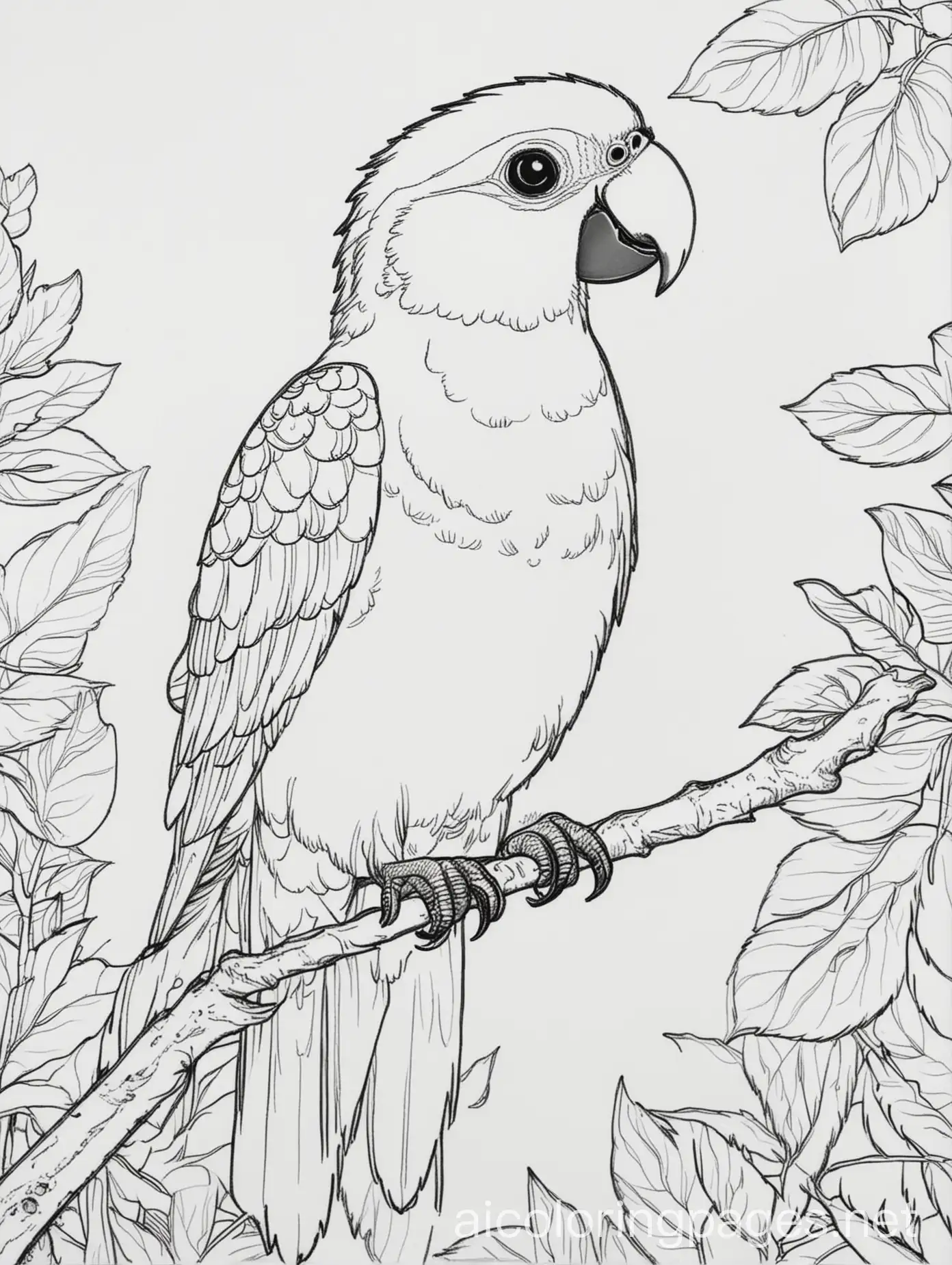 Parrot-Perched-on-Branch-Coloring-Page-Black-and-White-Line-Art