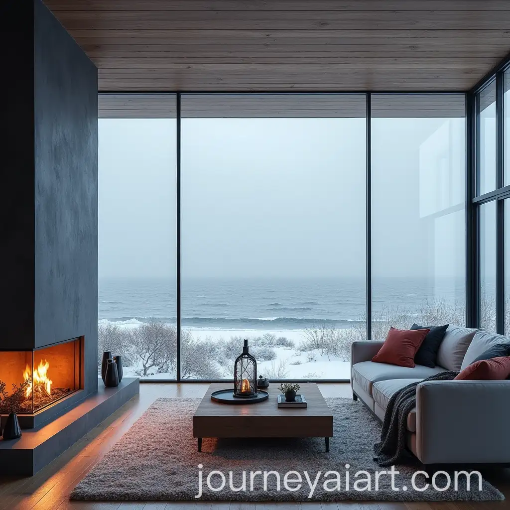 Calm-Beach-House-with-High-Ceilings-Amidst-Snowy-Seascape-and-Stormy-Waves