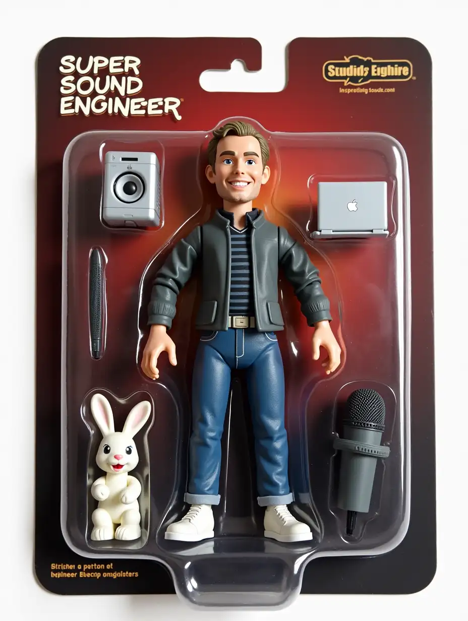 Use this image to create a picture of an action figure toy of a sound engineer in a blister package from head to toe with accessories including bunny, macbook and microphone. The package should read super sound engineer.