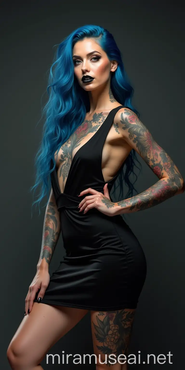 Photorealistic Woman with Long Blue Hair and Colorful Tattoos in Cocktail Dress