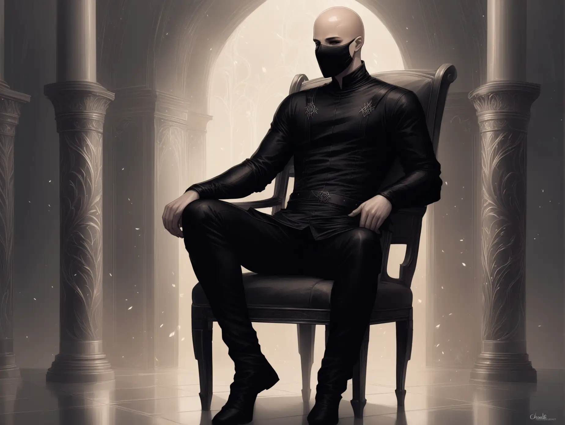 Bald-Man-in-Mask-and-Black-Assassin-Clothes-Sitting-on-Chair-in-Fantasy-Setting