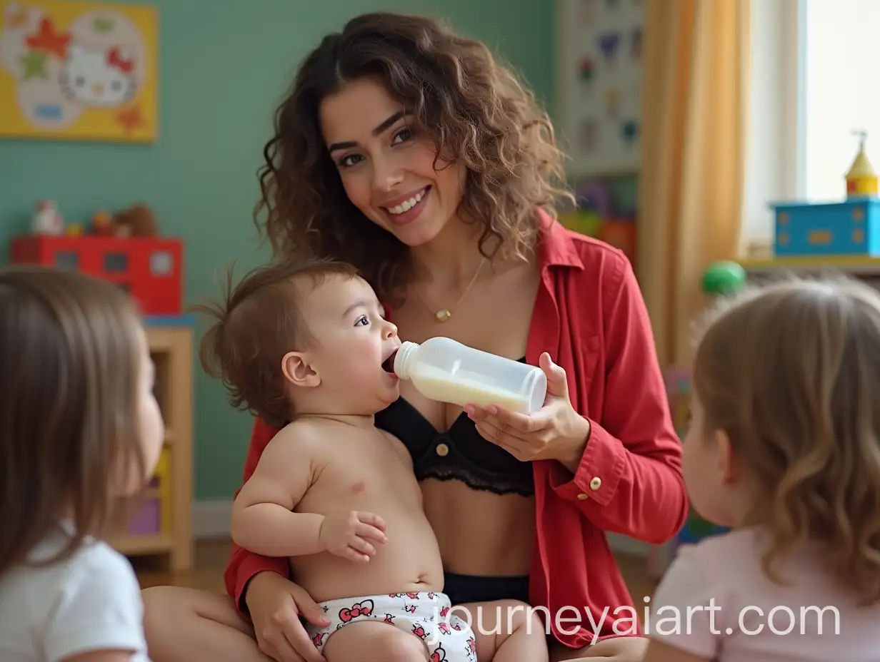Persian-Kindergarten-Teacher-BottleFeeding-Baby-in-Colorful-Classroom