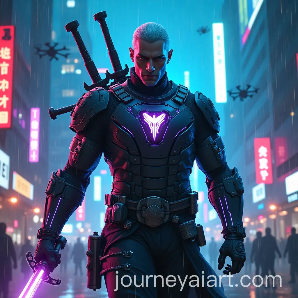 Futuristic-Cyberpunk-Letho-ofCyberpunk-Witcher-AI-Prompt-Gulet-in-Urban-Battle-with-Plasma-Blade