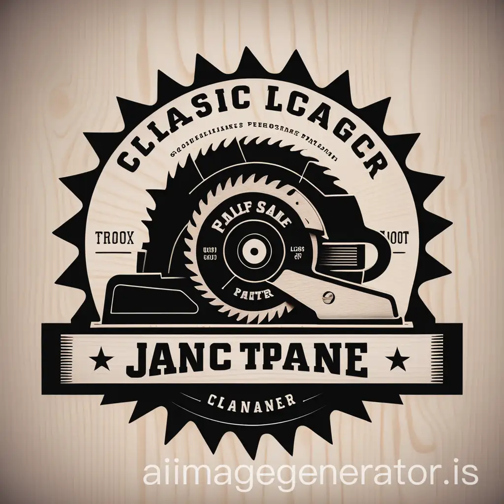 create a logo with a classic wood planer, a half circular saw blade with teeth, laser, realistic, in black and white