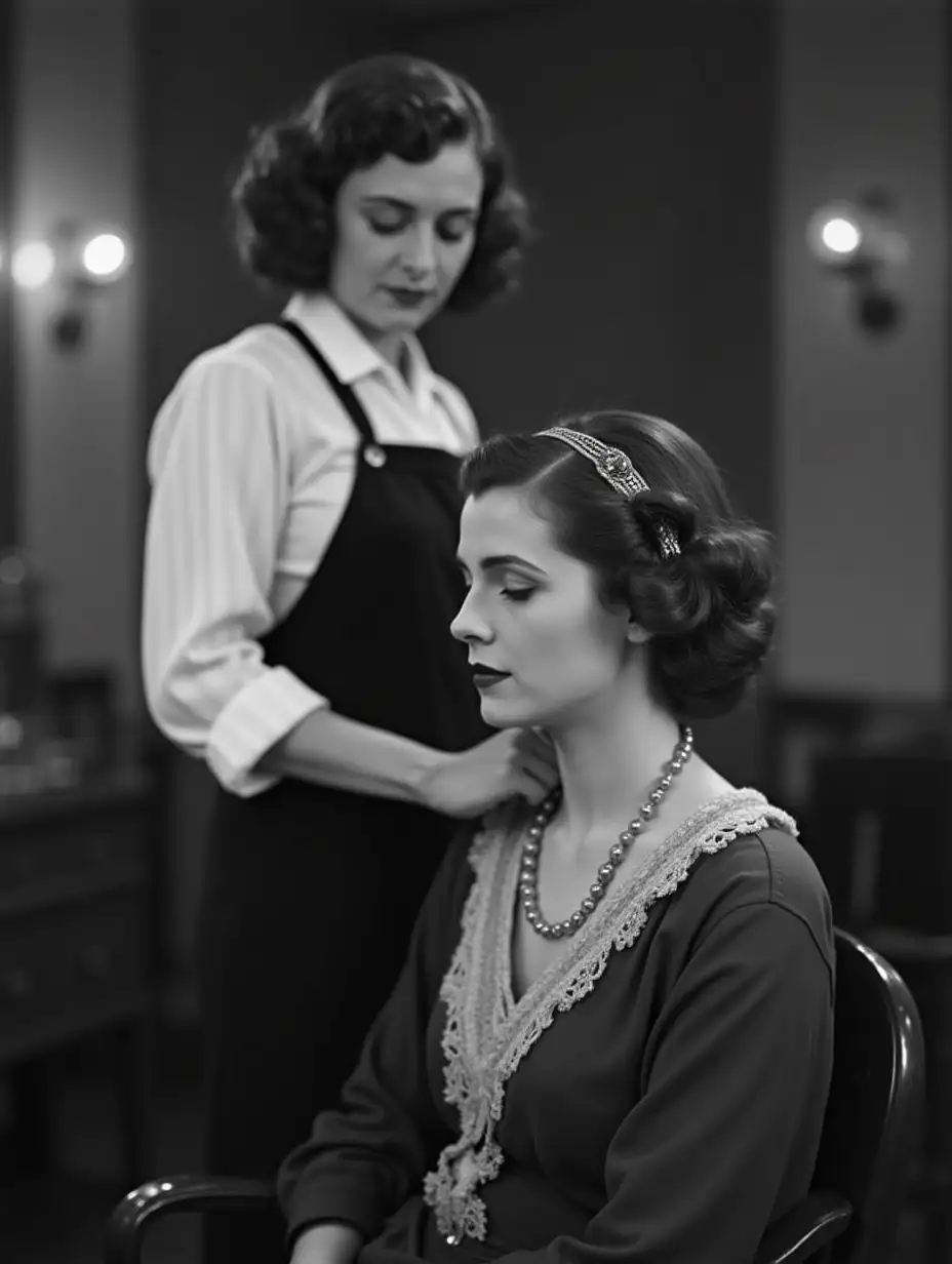 Woman in a hair salon getting her hair done, 1920s cloth hair, 1920s film, 1920s hairstyle, 1920s film scene