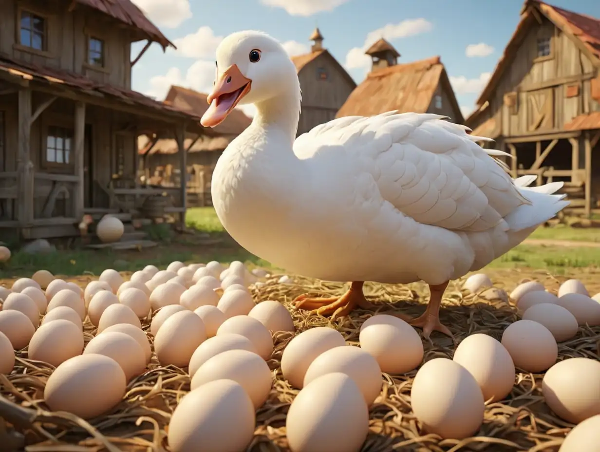 Wide-angle view of a white goose hatching a golden egg, with a farm atmosphere., 3d disney inspire