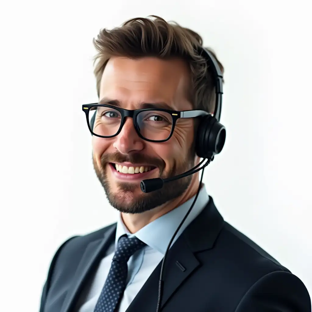 A portrait of phone support . Official bussiness portrait.  man, The scene features dynamic lighting in a cinematic style with a white background