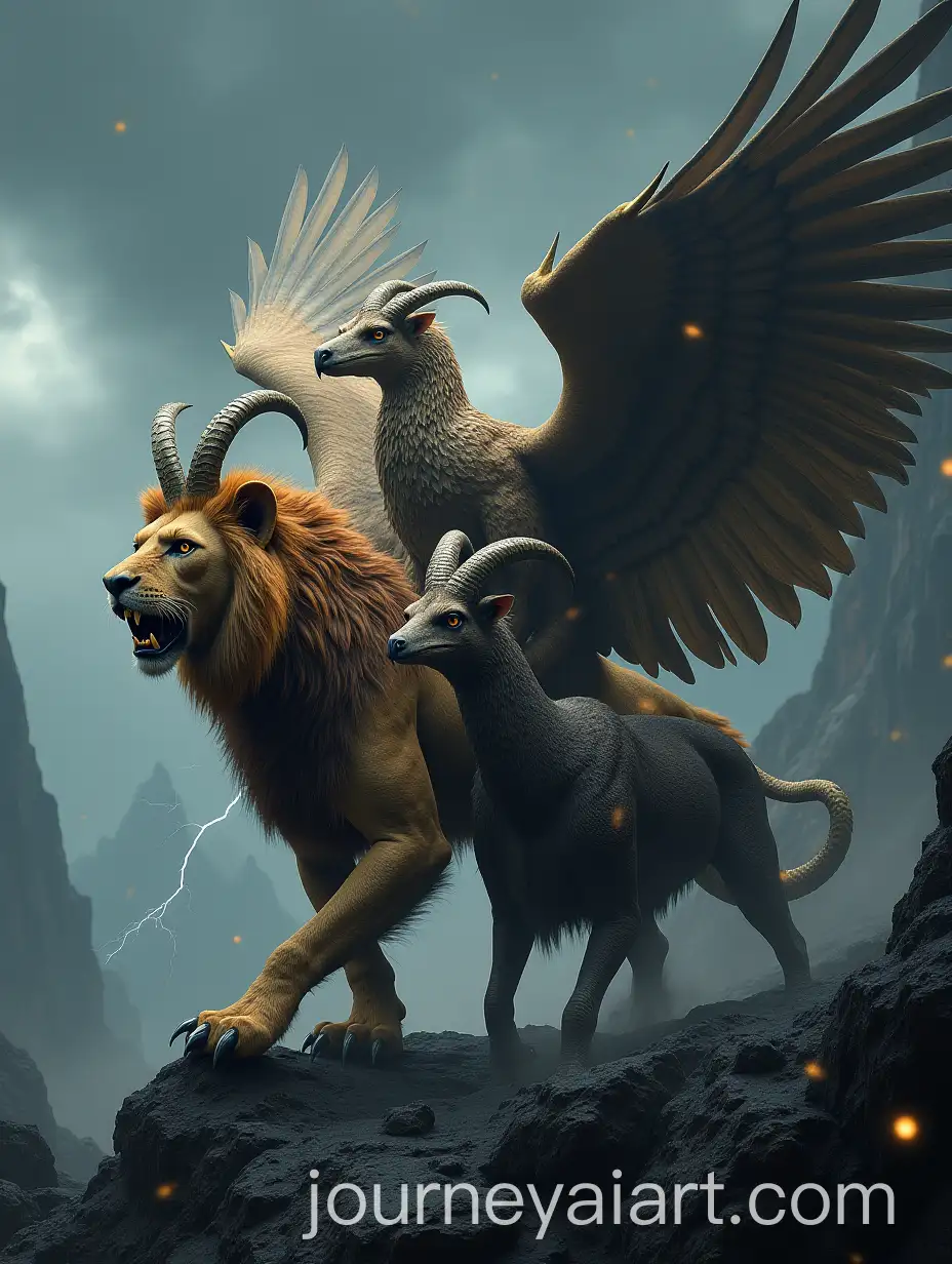 Ferocious-Hybrid-Creature-Lion-Eagle-Snake-and-Goat-on-Rugged-Mountain
