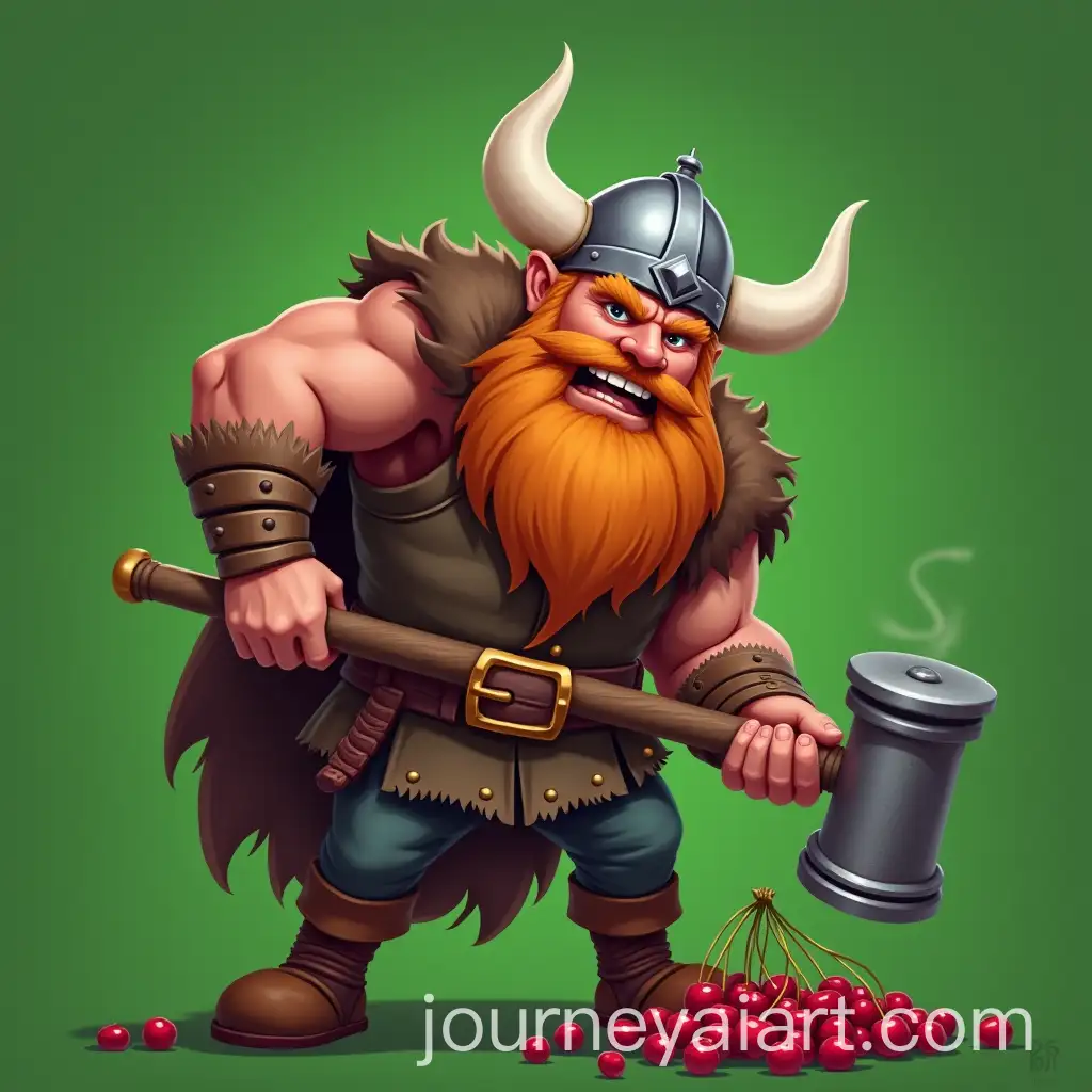 Modern-Viking-Smashing-Cherries-with-Hammer-on-Green-Background