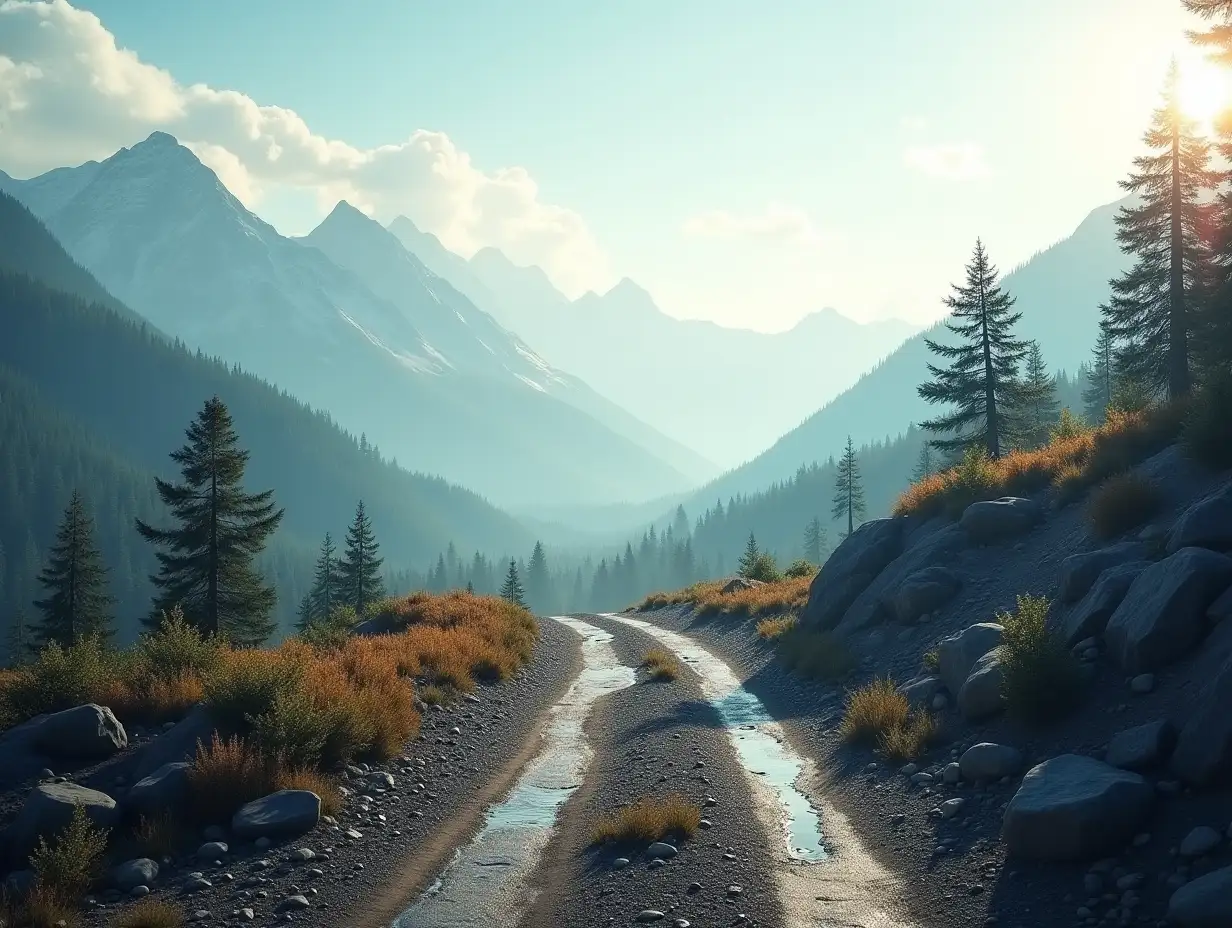 Generate an quality background images an off-road passes through mountain with an gaming effect