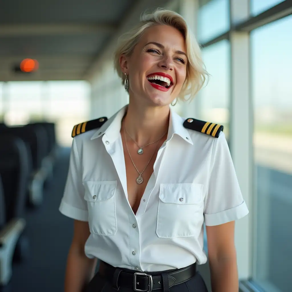 white norvegian pilot lady, in white deep-necked pilot shirt, laughing with her mouth open, red lipstick accentuating her smile,belt on waist, big wide hips, chest are fully grown, jewerly, short hair, HD, enjoing at airport , photo-realism