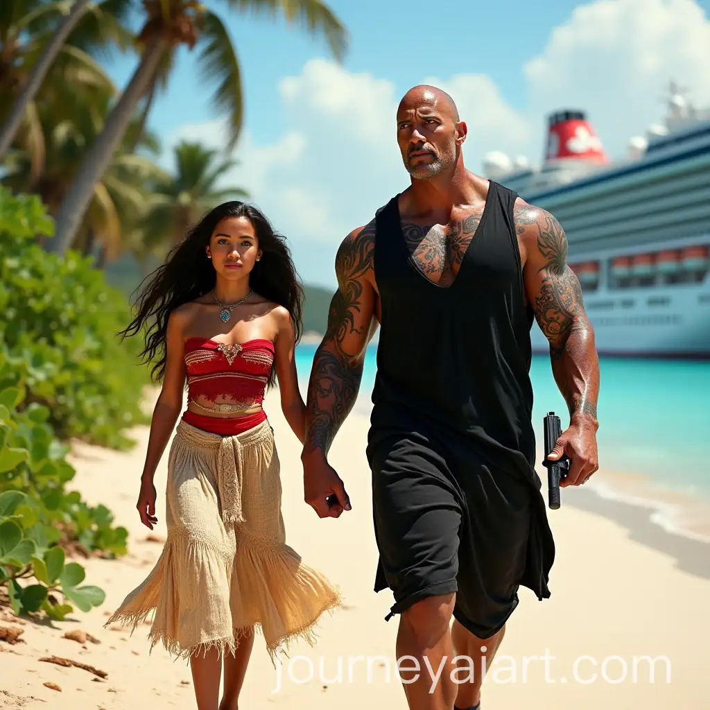 The-Rock-and-Moana-Walking-on-a-Tropical-Beach-with-a-Cruise-Ship-in-the-Background