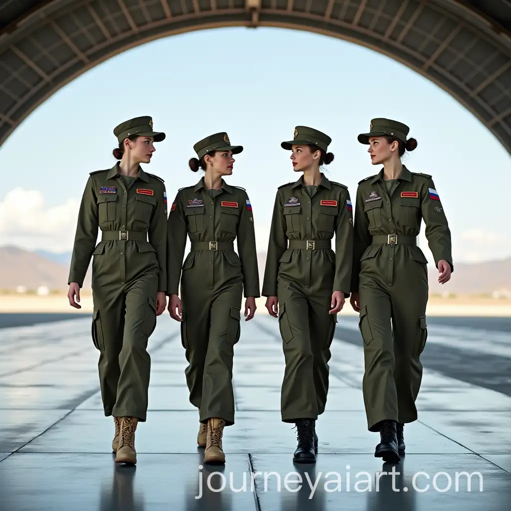 Group-of-Russian-Female-Military-Pilots-Walking-in-Aircraft-Hangar-with-Modern-Military-Facility-and-Desert-Backdrop
