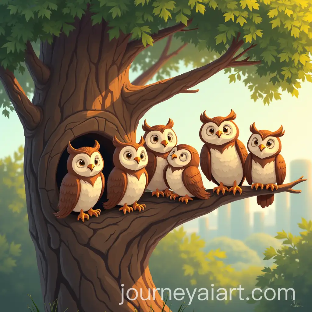 Ten-Happy-Owls-Sitting-in-a-Tree-in-a-Peaceful-Forest-Setting